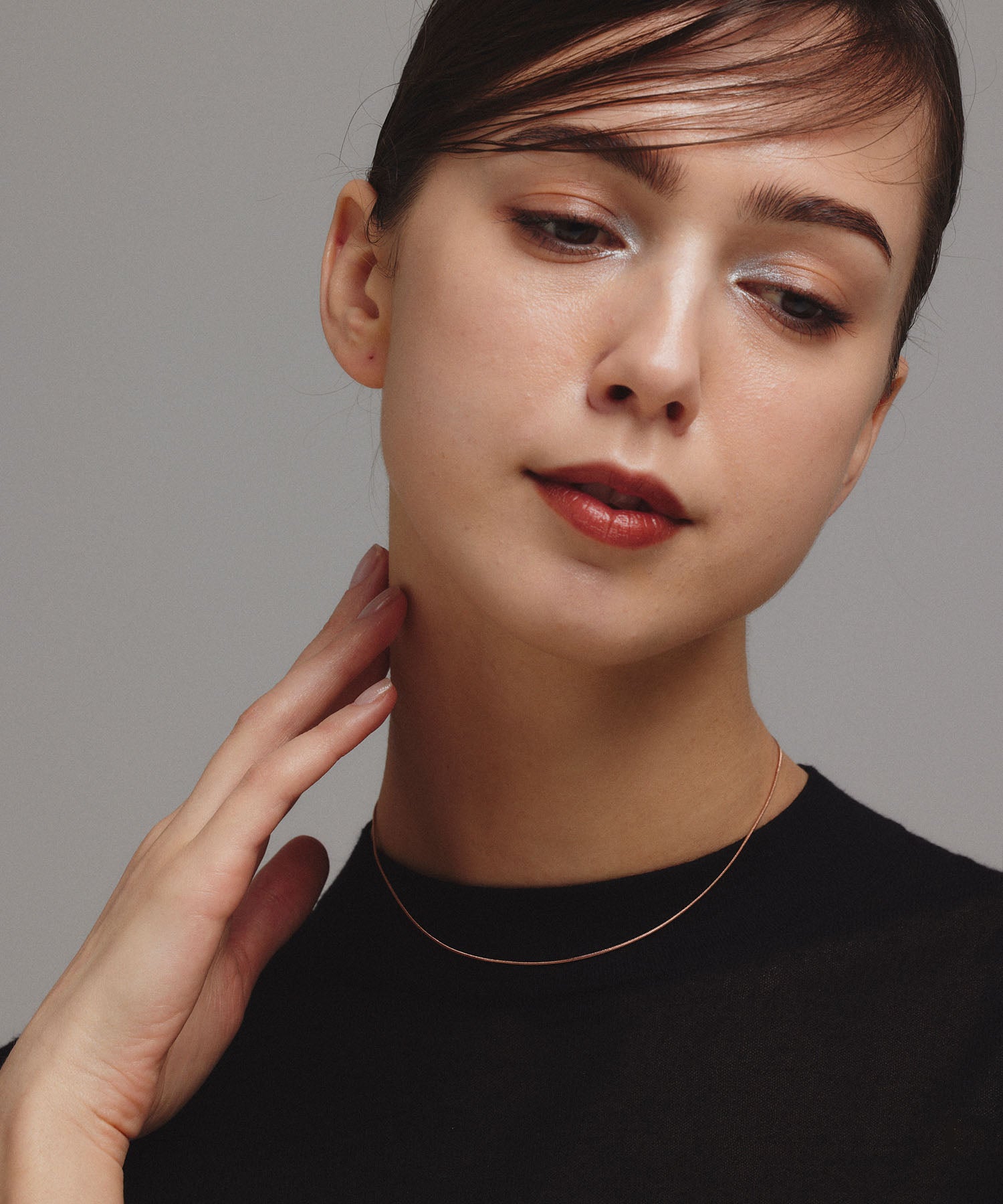 ピンクゴールド 0.8mmスネークチェーンネックレス/34cm 金属アレルギー対応 サージカルステンレス