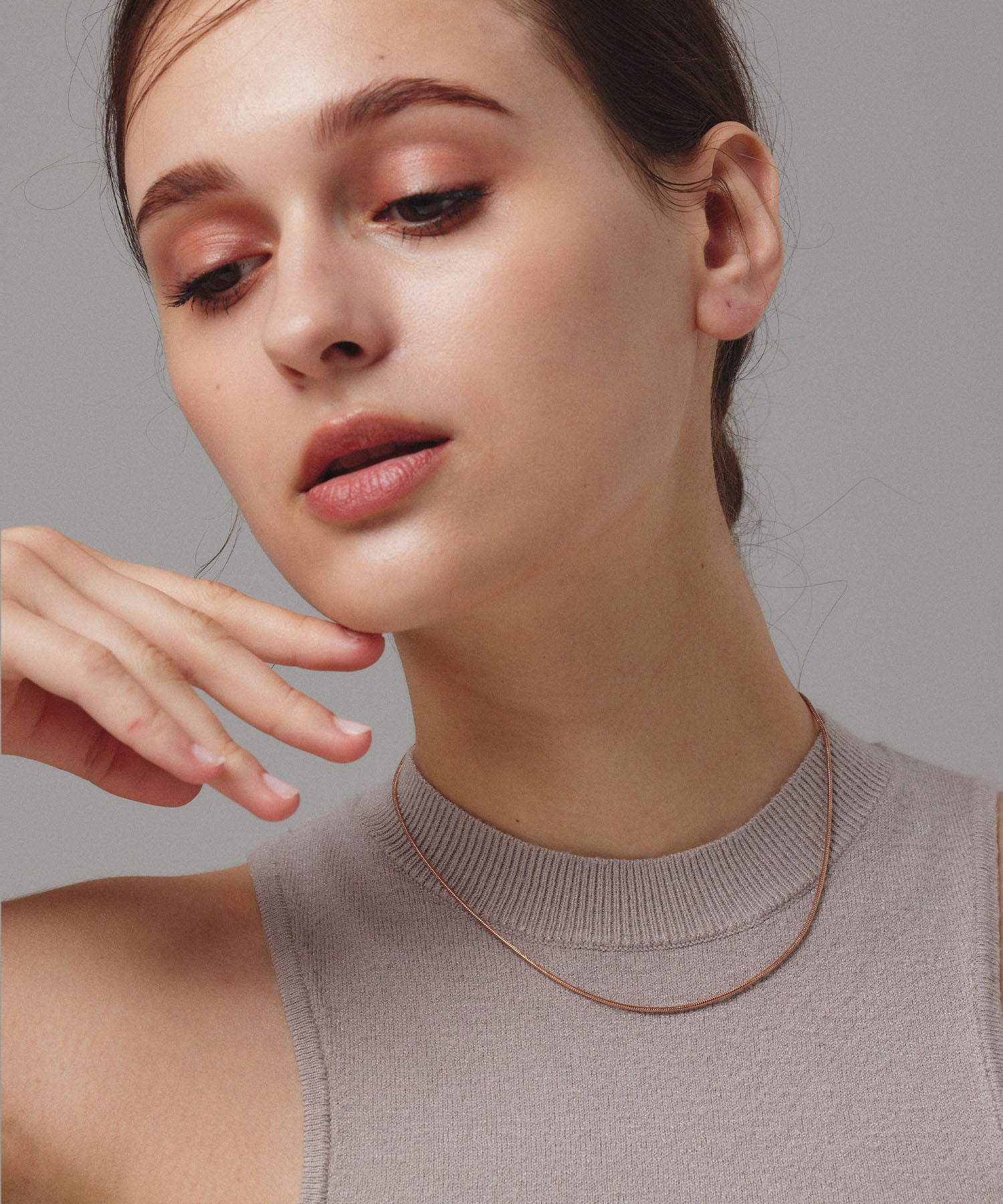 ピンクゴールド 1mmスネークチェーンネックレス/39cm 金属アレルギー対応 サージカルステンレス