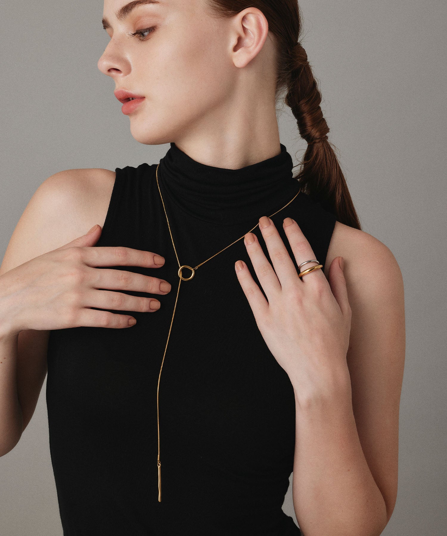 ゴールド ニュアンスリングラリエット 金属アレルギー対応 サージカルステンレス