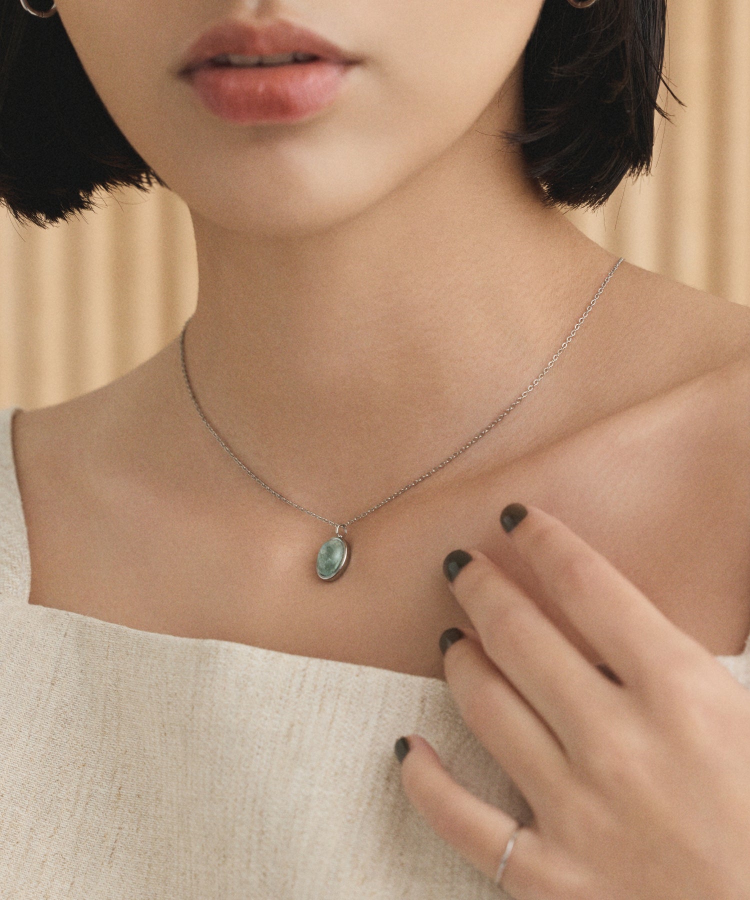 ブルー ラウンドストーンネックレス 金属アレルギー対応 サージカルステンレス